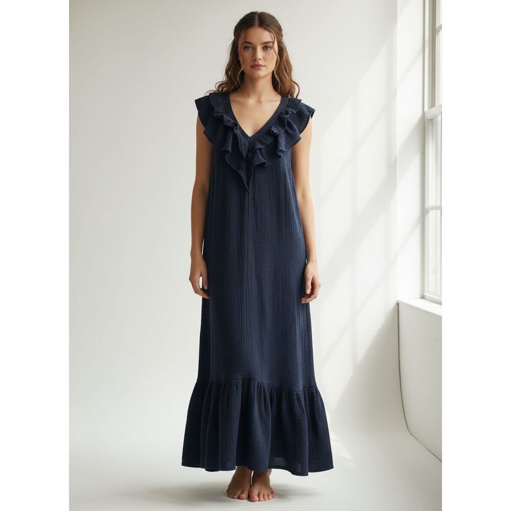 Sundays Kinsey Ruffle Cotton Gauze Sleeveless Lightweight Summer Midi Dress, XS